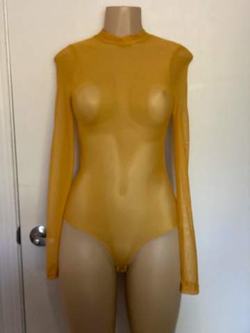 Mustard Mesh Mock Neck Bodysuit