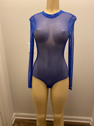 Blue Mesh Mock Neck Bodysuit