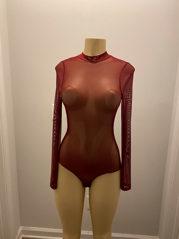 Burgundy Mesh Mock Neck Bodysuit