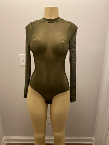 Olive Green Mesh Mock Neck Bodysuit